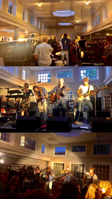 Three photos collaged together of Bull the band performing at Live At The Library 19/05/24
