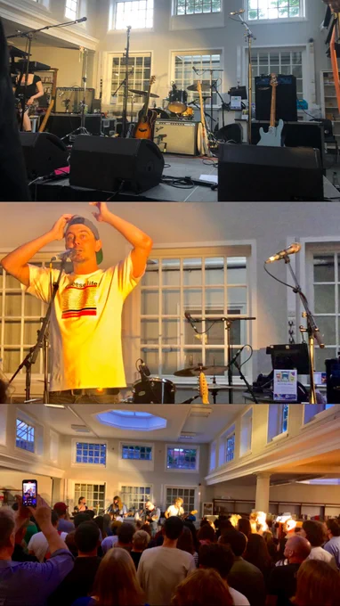 Three photos collaged together of a close up of the lit stage, Stu Freestone preforming and crowd shot from the back of the main room in the York Explore Library at Live At The Library 19/05/24