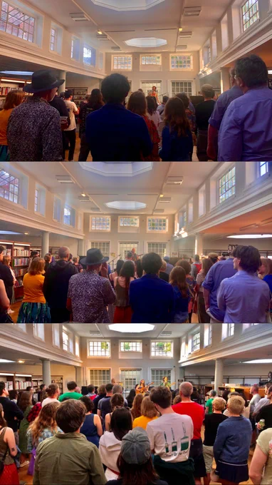 Three photos collaged together of crowd shots from the back of the main room in the York Explore Library at Live At The Library 19/05/24
