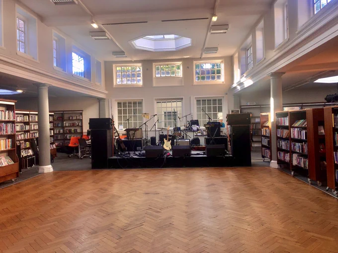 Photograph of the stage set up at York Explore Library ready for Live At The Library to begin.