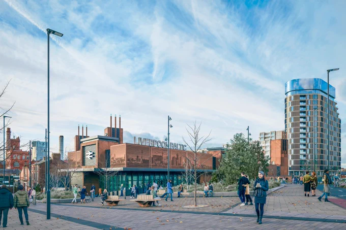 CGI showing the outside of the main ticket office of the proposed new Liverpool Baltic station