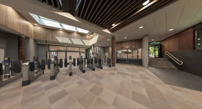CGI showing the concourse of the main ticket office of the proposed new Liverpool Baltic station