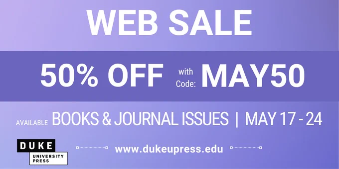 Blue banner reading 50% OFF Available Books & Journal Issues with Code: MAY50 May 17-24