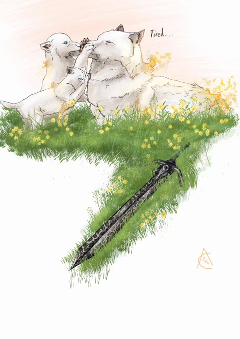 a white sun wolf with golden flames coming off body sitting grass with 2 new cubs glomping them
they look tired and say soo

they are on grass with yellow flowers that leads further down page to a unique sword on grass with a balck silver gemstone battern on sowrd
