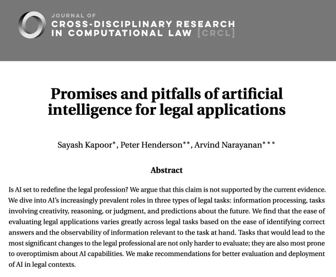 Promises and pitfalls of artificialintelligence for legal applicationsSayash Kapoor∗, Peter Henderson∗∗, Arvind Narayanan∗∗∗AbstractIs AI set to redefine the legal profession? We argue that this claim is not supported by the current evidence.We dive into AI’s increasingly prevalent roles in three types of legal tasks: information processing, tasksinvolving creativity, reasoning, or judgment, and predictions about the future. We find that the ease ofevaluating legal applications varies greatly across legal tasks based on the ease of identifying correctanswers and the observability of information relevant to the task at hand. Tasks that would lead to themost significant changes to the legal professional are not only harder to evaluate; they are also most proneto overoptimism about AI capabilities. We make recommendations for better evaluation and deploymentof AI in legal contexts.