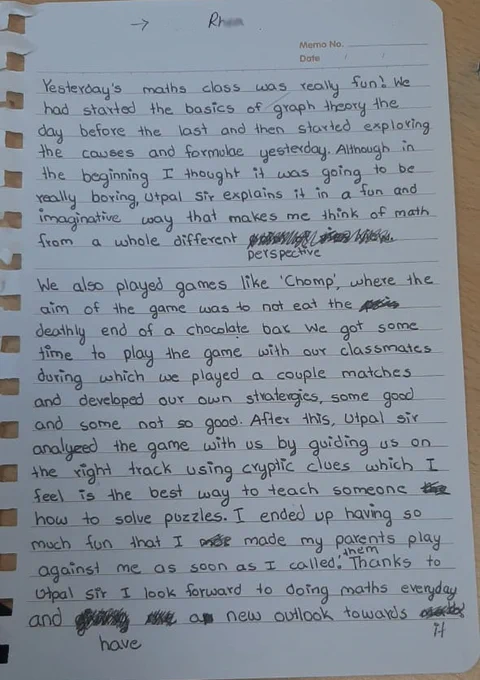 Extract from student journal on the "Explorations in Math" course at the Gifted Summer Program, May 2024, conducted by GenWise.