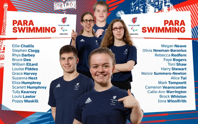 A team sheet of athletes selected for Paris. Ellie Challis, Stephen Clegg, Rhys Darbey, Bruce Dee, William Ellard, Louise Fiddes, Grace Harvey, Suzanna Hext, Eliza Humphrey, Scarlett Humphrey, Tully Kearney, Louis Lawlor, Poppy Maskill, Megan Neave, Olivia Newman-Baronius, Rebecca Redfern, Faye Rogers, Toni Shaw, Harry Stewart, Maisie Summers-Newton, Alice Tai, Mark Tompsett, Cameron Vearncombe, Callie-Ann Warrington, Brock Whiston, Iona Winnifrith