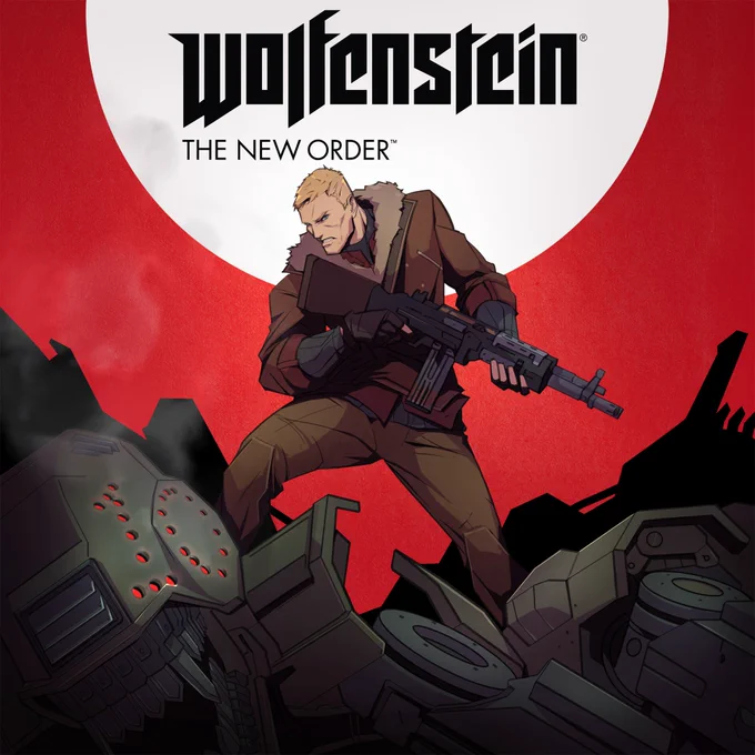 An image of B.J. Blazkowicz standing on top of a destroyed Panzerhund with a large 10 drawn by bullet holes on its side plating. 