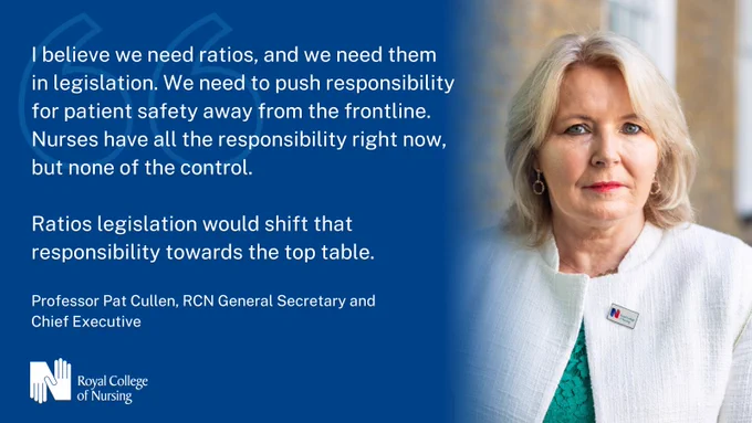 Quote from Professor Pat Cullen reads: I believe we need ratios, and we need them in legislation. We need to push responsibility for patient safety away from the frontline. Nurses have all the responsibility right now, but none of the control. 

Ratios legislation would shift that responsibility towards the top table.
