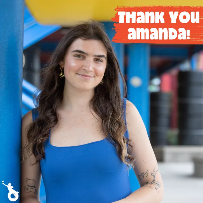 Amanda looking at the camera and smiling in Victory Circle. The text on the photo says “Thank You Amanda”. The tire swing kid logo is in the bottom left corner.