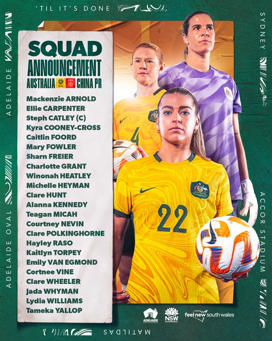 Australia's 23-player squad for the China PR series in Adelaide and Sydney, is as follows: 

Mackenzie ARNOLD 
Ellie CARPENTER (VC)
Steph CATLEY (C)
Kyra COONEY-CROSS 
Caitlin FOORD 
Mary FOWLER 
Sharn FREIER 
Charlotte GRANT 
Winonah HEATLEY
Michelle HEYMAN
Clare HUNT 
Alanna KENNEDY 
Teagan MICAH 
Courtney NEVIN
Clare POLKINGHORNE 
Hayley RASO 
Kaitlyn TORPEY
Emily VAN EGMOND (VC)
Cortnee VINE
Clare WHEELER 
Jada WHYMAN
Lydia WILLIAMS
Tameka YALLOP 