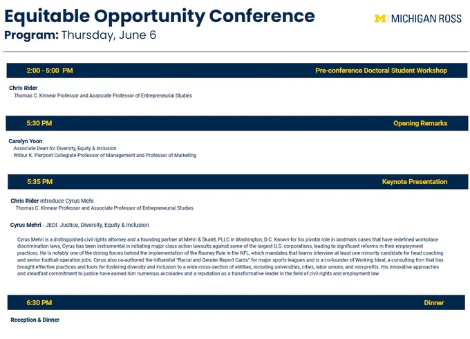 This post presents four photos of the program for the upcoming Equitable Opportunity Conference to be held at the University of Michigan's Ross School of Business on June 6-7, 2024. This is photo 1 of 4, which lists the sessions for the afternoon of Thursday, June 6th...including a keynote speech by distinguished civil rights attorney and Rooney Rule pioneer Cyrus Mehri.