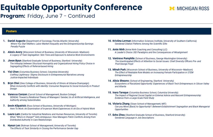 This post presents four photos of the program for the upcoming Equitable Opportunity Conference to be held at the University of Michigan's Ross School of Business on June 6-7, 2024. This is photo 4 of 4, which lists the poster presentations.