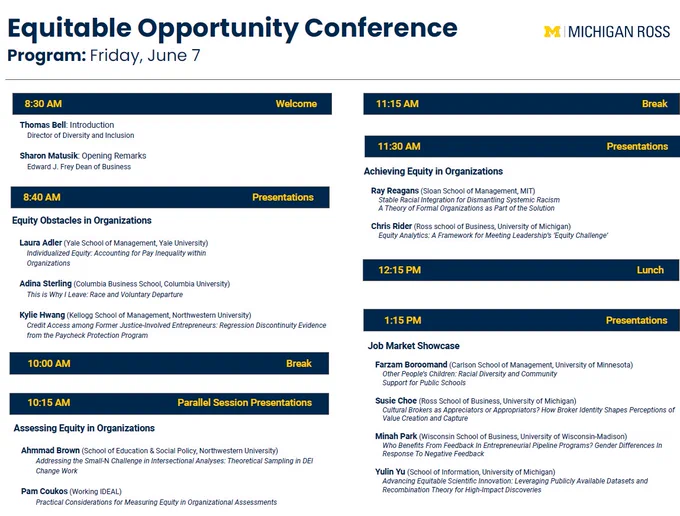 This post presents four photos of the program for the upcoming Equitable Opportunity Conference to be held at the University of Michigan's Ross School of Business on June 6-7, 2024. This is photo 2 of 4, which lists the sessions for the morning of Friday, June 7th.