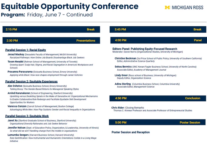 This post presents four photos of the program for the upcoming Equitable Opportunity Conference to be held at the University of Michigan's Ross School of Business on June 6-7, 2024. This is photo 3 of 4, which lists the sessions for the afternoon of Friday, June 7th.