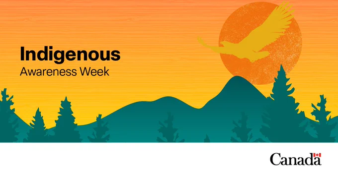 A yellow and orange background and sun overlaid with a yellow bird, with a green mountain and trees in the foreground. The text on the image reads “Indigenous Awareness Week.” 