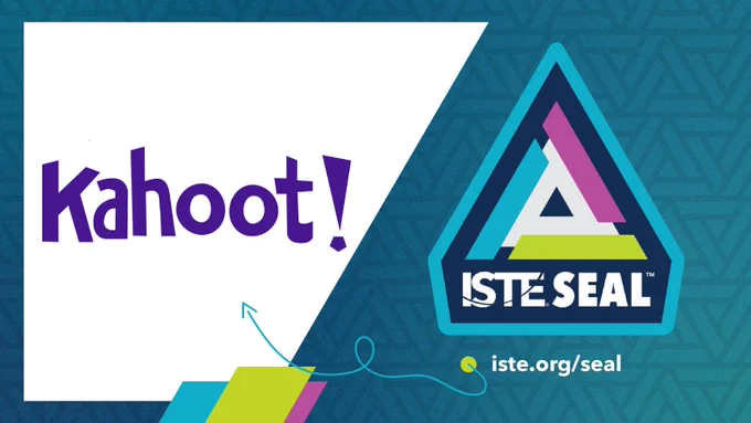 Kahoot! logo displayed prominently on a geometric, multicolored background accompanied by the ISTE Seal badge at the right, with the URL iste.org/seal below it.