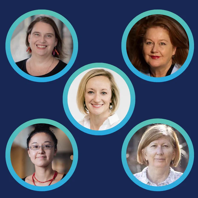 Panelists: Director of iAccelerate Dr Tamantha Stutchbury (top left); Breast Research Australia Co-Founder Deirdre McGhee (top right); Ethics in AI researcher Dr Elena Walsh (bottom left); Climate change and household behaviours expert Dr Theresa Harada (bottom right); NSW Smart Sensing Network Board member and Deputy Chief Scientist at CSIRO, Dr Jill Freyne. (centre)