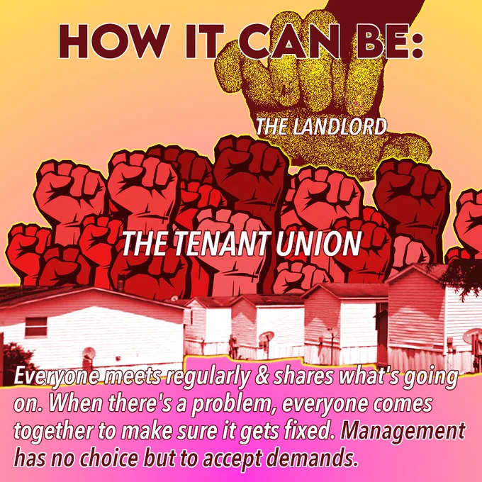 How it can be: A large group of raised fists loom over the mobile homes, labeled "the tenant union." The fists scare away the hand labeled "the landlord." Everyone meets regularly and shares what's going on. When there's a problem, everyone comes together to make sure it gets fixed. Management has no choice but to accept demands.