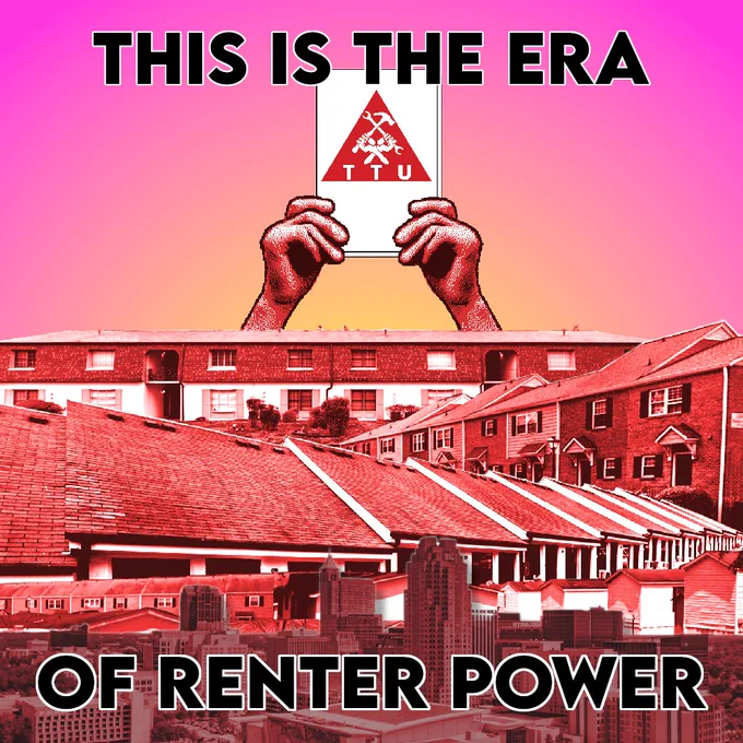 This is the era of renter power. A pair of hands holding up a book with the TTU logo above a collage of apartments, townhomes, and mobile homes, as well as the skyline of downtown Raleigh, NC.