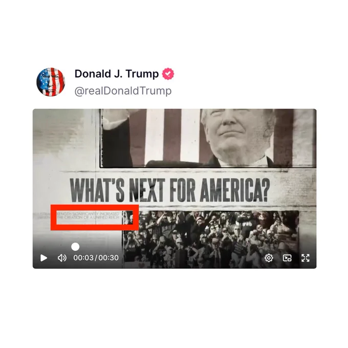 An screenshot of an ad posted by Donald Trump, foreshadowing a second Trump term that says he will create a “UNIFIED REICH”