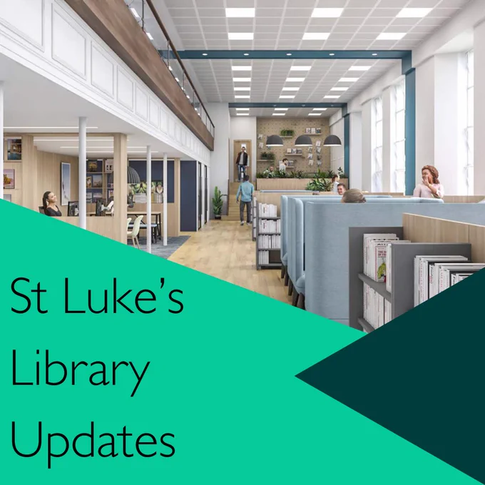 [image description – an artist’s impression of the new design at St Luke’s Library with a green triangle band coming from the left with a darker green triangle band overlaid on the right, the text on the green triangle band says ‘St Luke’s Library Updates] 