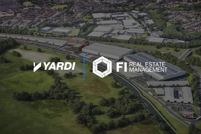 Aerial view of an urban area with logos of Yardi and FI Real Estate Management displayed prominently.