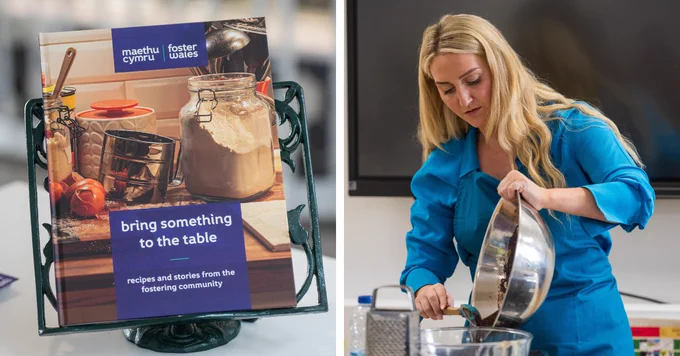 The new Foster Wales cookbook, left, and Colleen Ramsey cooking at the launch, right.