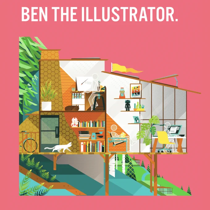 A cross-section illustration of a house on a bright pink background, the house has 2 floors and a lot of colourful ornaments, there are 3 figures in the house, one is painting a picture at an easle, one is sitting in a chair reading and one if sitting at a desk working.