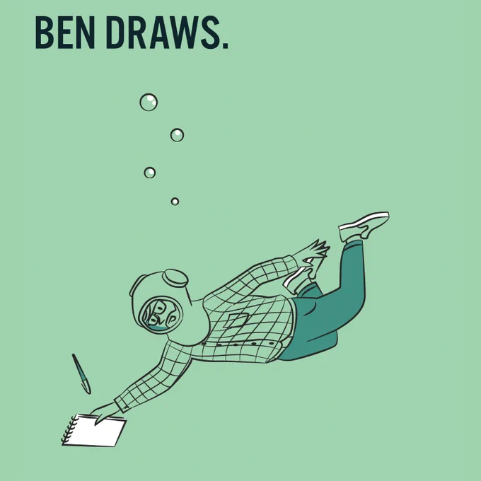 A line-drawn illustration of a man swimming underwater, he is wearing an old-fashioned diver's helmet, he is also wearing normal clothes, a checked shirt, jeans and trainers.  In his hand he is holding a notebook and a pen is floating away from him.