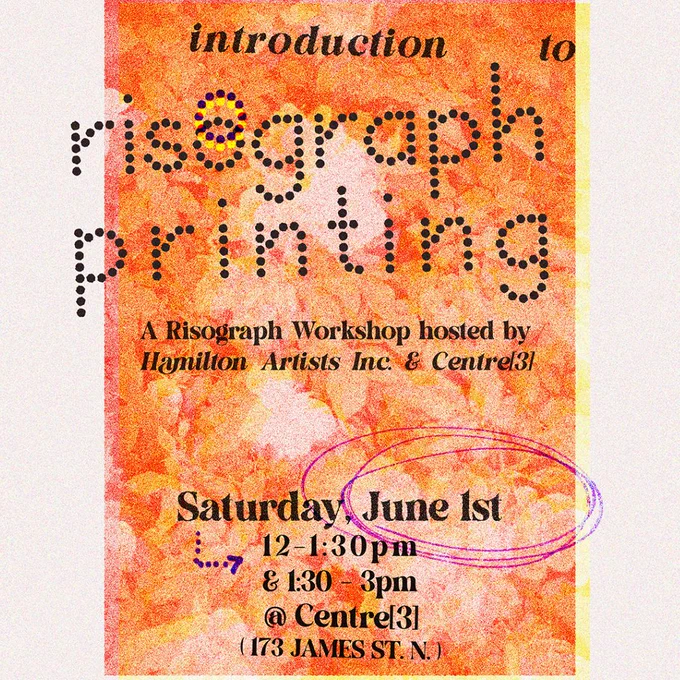 a poster advertising the "introduction to risograph printing" workshop at Centre3 in partnership with Hamilton Artists Inc. The poster features a risograph photograph, comprised of orange, red, and yellow rectangles overlapping to produce a washed out, faded image. Text reads "Saturday, June 1st. 12-1:30pm and 1:30-3pm at Centre3. 173 James Street North, Hamilton, Ontario"