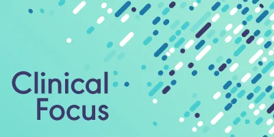 Graphic featuring the phrase 'Clinical Focus' on an aqua background with a pattern of design elements in white and various shades of blue
