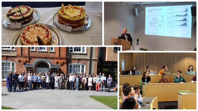 The graphic is composed of four images. On the top left is a table with three elaborate layer cakes. On the top right, Dr Jethro Johnson presents a slide to a lecture theatre. On the bottom left is a group photo, taken outside a red brick building, of ~40 people. On the bottom right, people sit in rows in a lecture theatre.