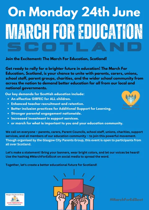 Poster advertising March for Education, Scotland taking place on Monday 24th June. Full details can be found using the event link. 
