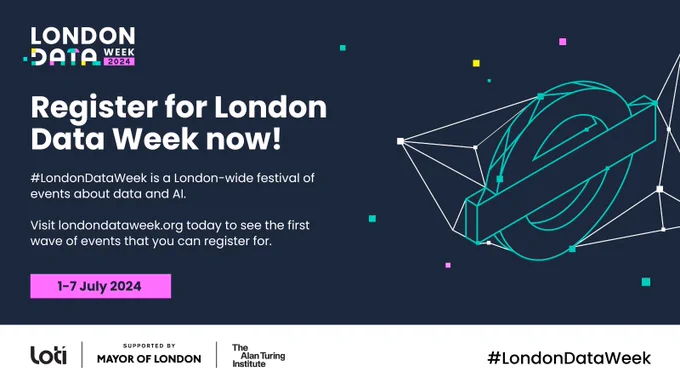 An event banner for London Data Week, encouraging people to register on the website for an event in text on the left, with a digital representation of the Transport for London logo on the right.