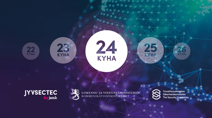 Digitaalinen verkosto, jonka keskellä korostettuna teksti "24KYHA". Logot: JYVSECTEC by Jamk, Liikenne- ja viestintäministeriö sekä Turvallisuuskomitea.