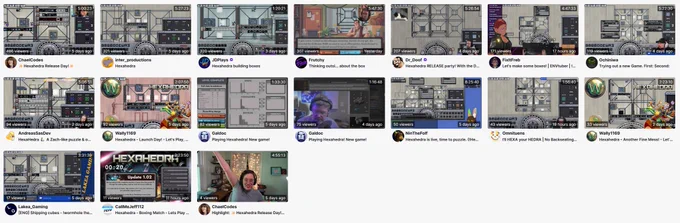 Screenshot of past stream videos for Hexahedra on Twitch.