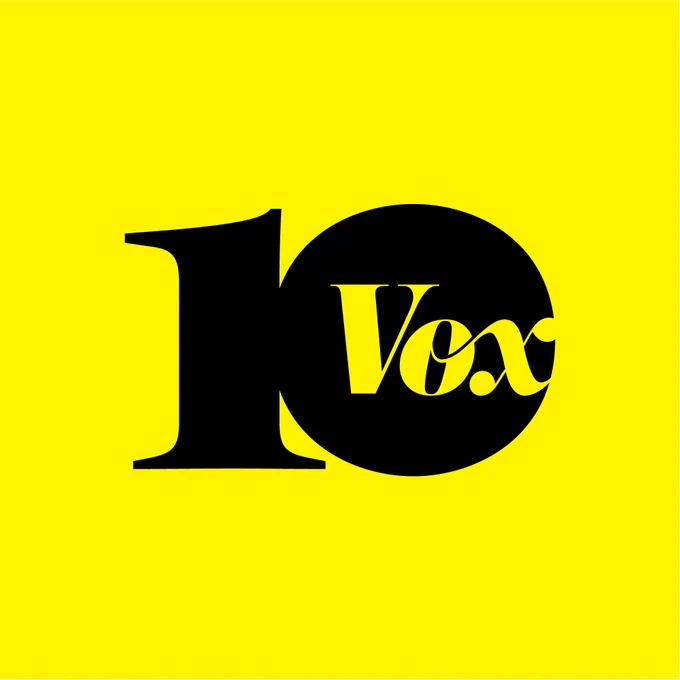 A yellow graphic features a yellow background, the number ten, with the Vox logo placed inside the zero.