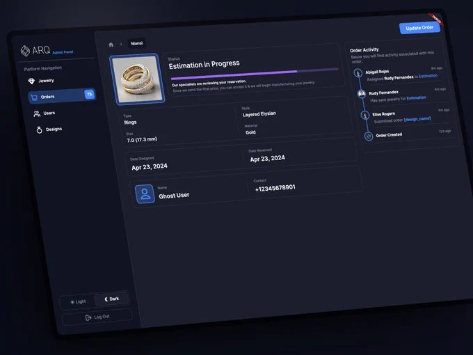Admin panel for ai jewelry creation platform built in FlutterFlow, giving the admin the ability to adjust and manipulate order details.