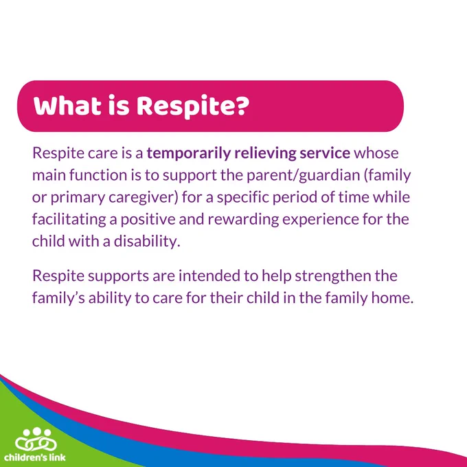 Heading reads: What is respite?
Below, purple text reads: Respite care is a temporarily relieving service whose main function is to support the parent/guardian (family or primary caregiver) for a specific period of time while facilitating a positive and rewarding experience for the child with a disability. Respite supports are intended to help strengthen the family's ability to care for their child in the family home.