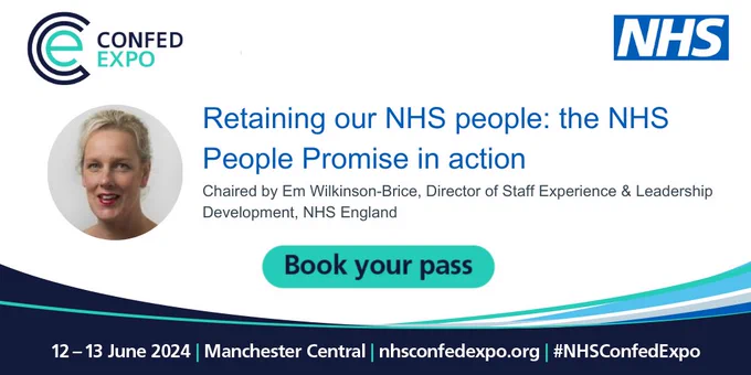 Text says: Retaining our NHS people: the NHS People Promise in action. Chaired by Em Wilkinson-Brice, Director of Staff Experience & Leadership, NHS England