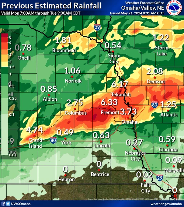 A radar estimated rainfall image from 5/21/2024. 