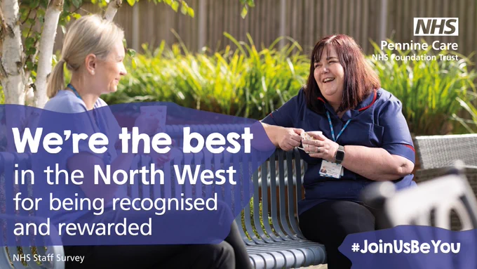 A nurse sitting on a bench having a chat and a cuppa with a colleague. Text in a bubble says 'We're the best in the North West for being recognised and rewarded #JoinUsBeYou'