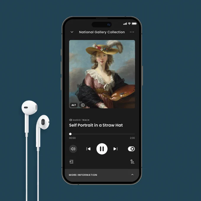 The painting 'Self Portrait in a Straw Hat' by Elisabeth Louise Vigée Le Brun, 1782 appears on the screen of a mobile phone. The mobile phone appears alongside two white earpieces, against a dark blue background.  