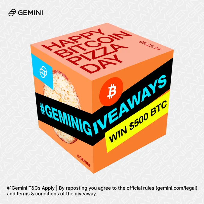 Welcome to #GeminiGiveaways✨ our new giveaway series. To celebrate Bitcoin Pizza Day, we’re giving away $500 in #BTC to 1 new or existing Gemini user 🍕

MUST follow the rules to enter
