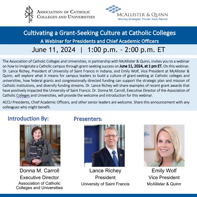 Cultivating a Grant-Seeking Culture at Catholic Colleges: A Webinar for Presidents and Chief Academic Officers June 11, 2024 1 pm ET