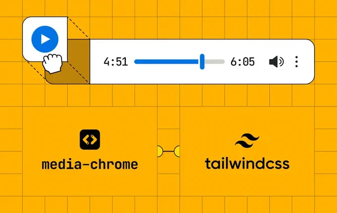 A media player interface with a blue play button, a progress bar indicating 4:51 of 6:05, and volume control icons. Below the player are two icons labeled "media-chrome" and "tailwindcss," with yellow backgrounds and grid lines.