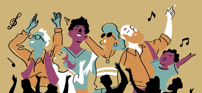 Graphic with a yellow background and illustrations of different people dancing and enjoying music. There are also illustrations of music notes above the people illustrations. 
