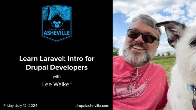  Learn to build web apps with Laravel training slide with Lee Walker and a cute dog's headshot