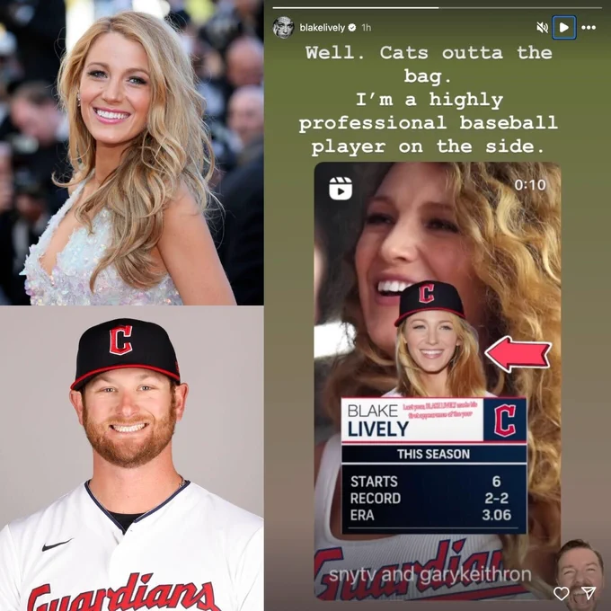 Top left photo: Blake Lively poses for photographers as she arrives for a screening of Mr. Turner.
Bottom left photo: Ben Lively poses for a photo during the Cleveland Guardians Photo Day.
Right photo: Screenshot of Blake Lively's Instagram Story. Text reads: "Well. Cat's outta the bag. I'm a highly professional baseball player on the side."